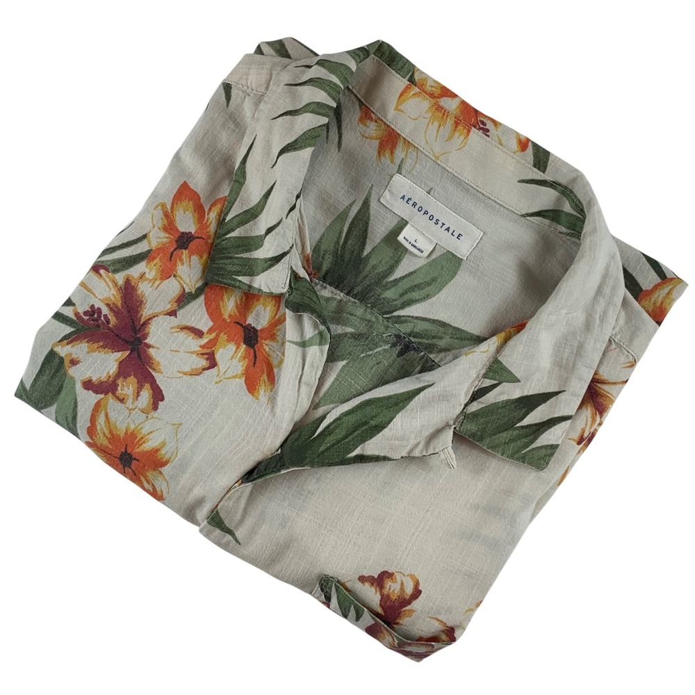 Aeropostale Mens Large Tropical‎ Floral Palm Button Down Shirt Cotton Cream